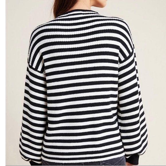 Anthropologie Line & Dot Black White Striped Balloon Sleeve Mock Neck Sw… - Picture 3 of 8